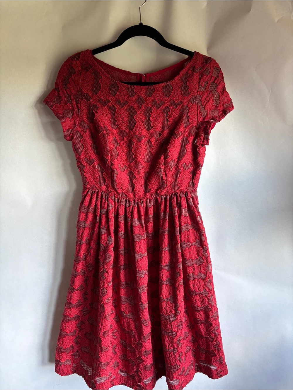 Moulinette Soeurs Red Lace Short Sleeve Fit-and-Flare Mini Dress